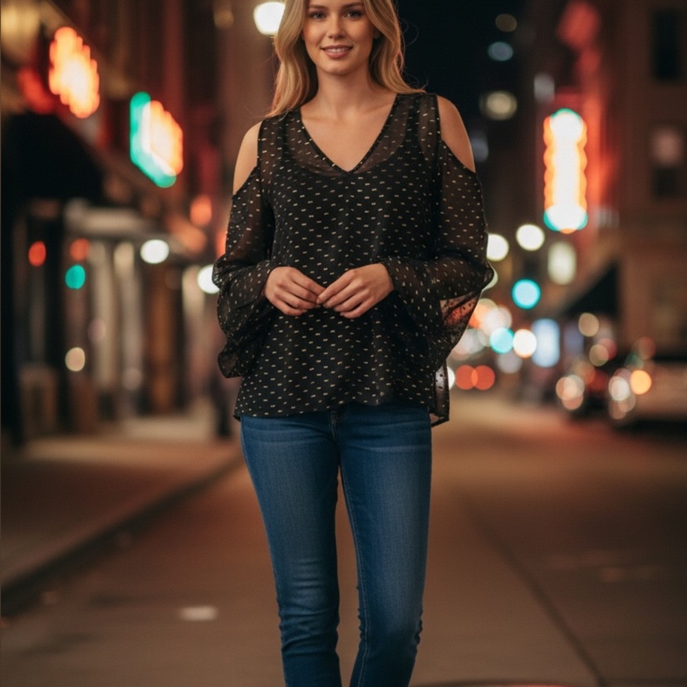 H&M |Silk Blend Sheer Black Blouse w/ Gold Shimmer Cold Shoulder Balloon Sleeves